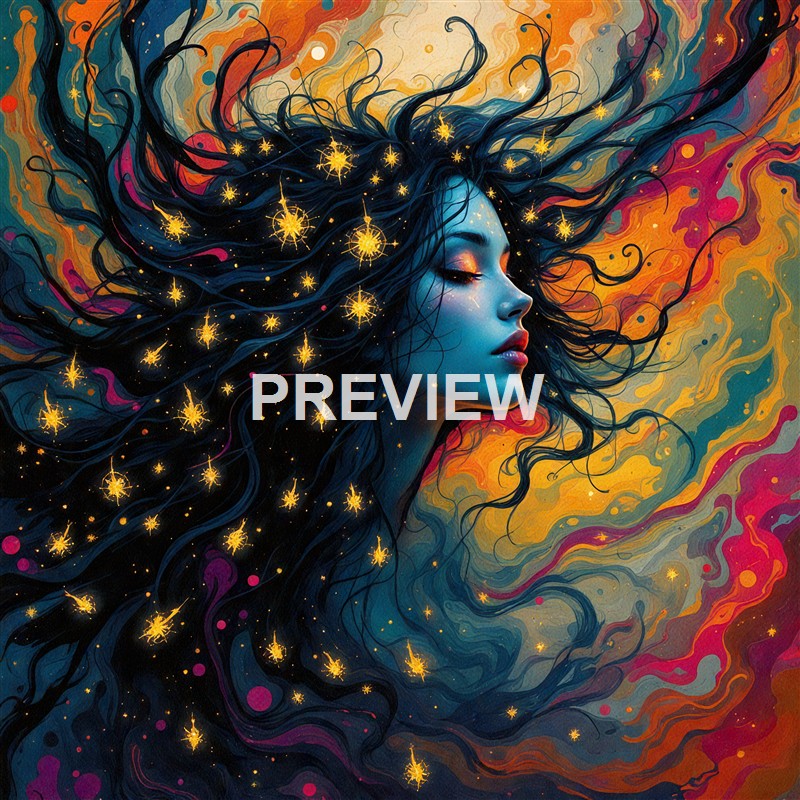 A surreal, artistic depiction of a woman with flowing dark hair intertwined with glowing star-like elements, set against a vibrant, swirling background of warm colors.